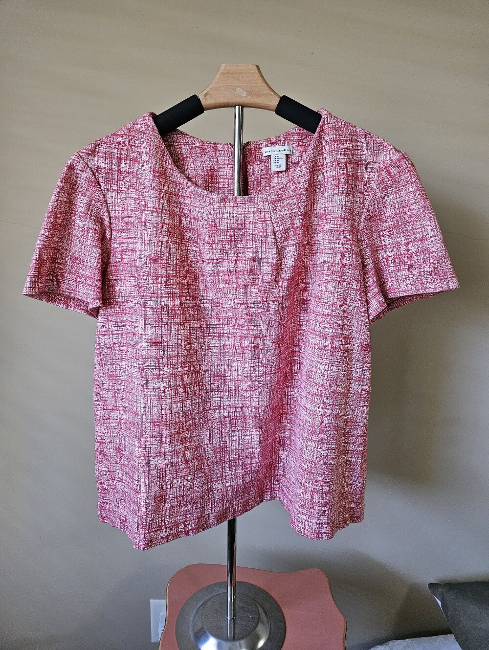 Mercer & Madison Red & White Textured Tweed Knit Short Sleeve Top XL